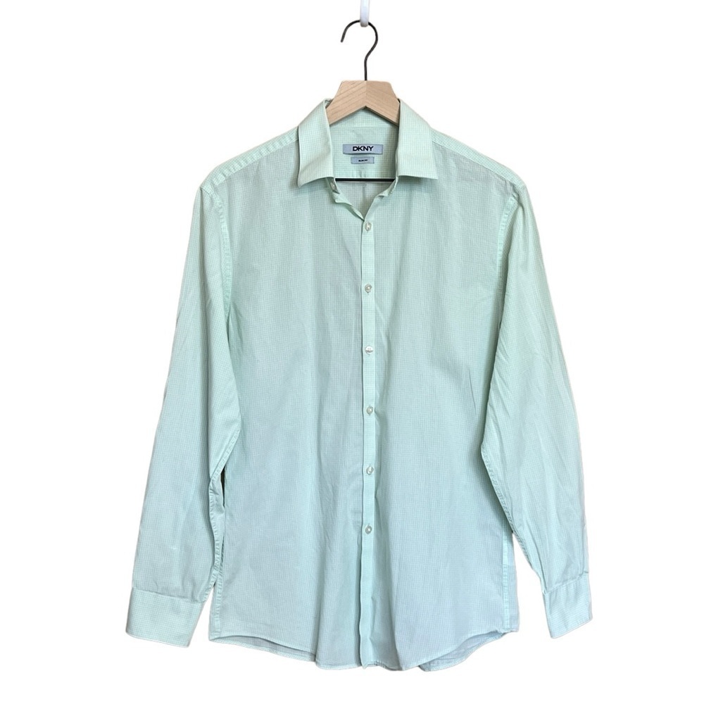 DKNY Men’s Slim Fit Micro Checked Button Down Shirt. Green Size 15 32-33 #1134